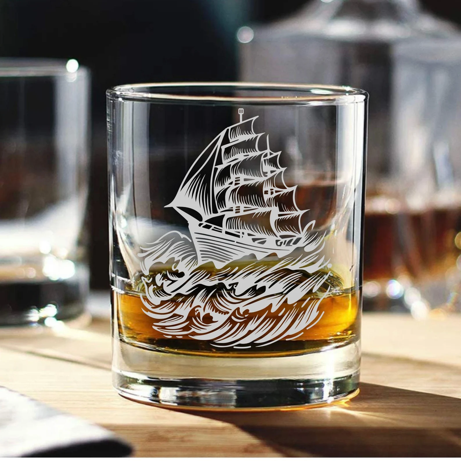 Personalized Nautical Ship Glass – Engraved Whiskey, Wine, Beer Glass – Custom Pirate Captain Sailor Gift, Old Fashioned Marine Barware