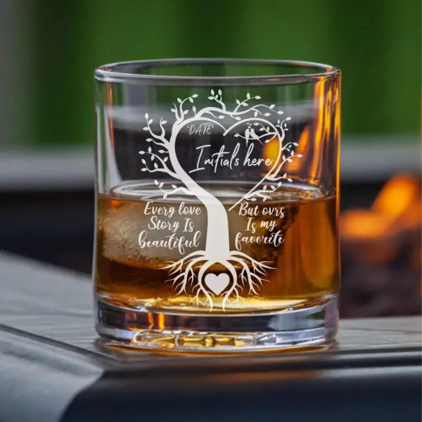 Custom Engraved Whiskey Glass On Side Or Bottom with Love Tree Design | Personalize with Initials and Date Gift for Couples & Anniversaries