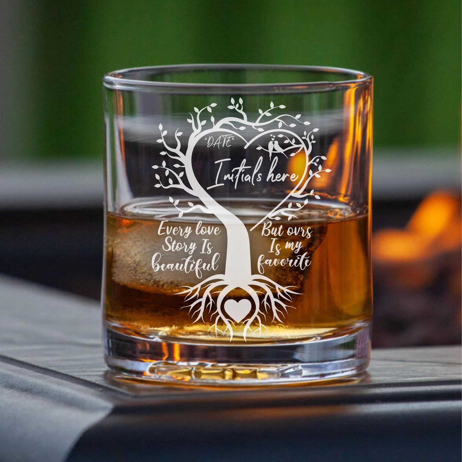 Custom Engraved Whiskey Glass On Side Or Bottom with Love Tree Design | Personalize with Initials and Date Gift for Couples & Anniversaries