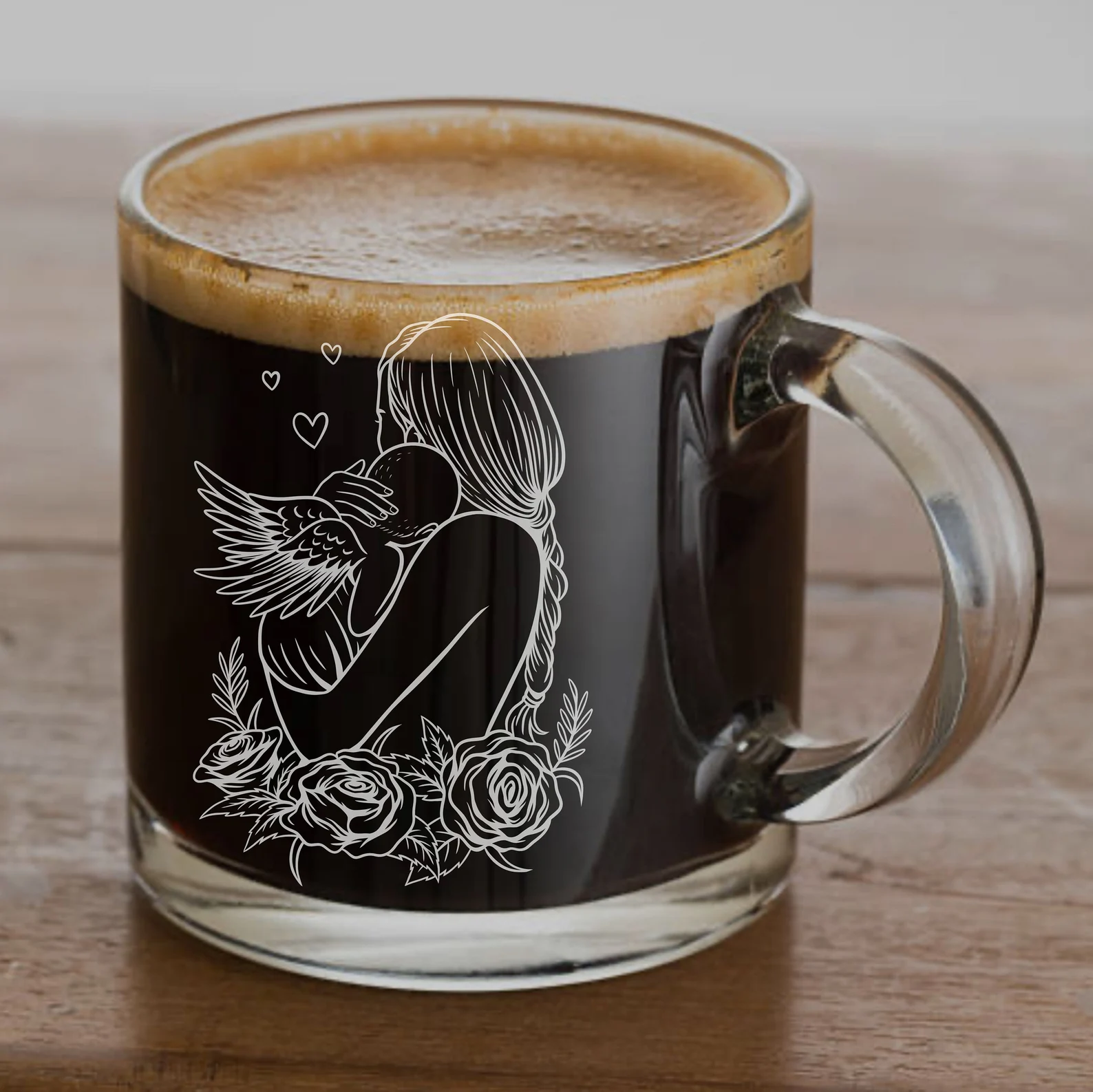 Mom and Child Coffee Cup Engraved Gift Custom Floral Mother Holding Angel Child Glass Coffee Cup Personalized Mother’s Day Gift for Mom