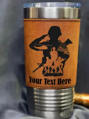 Custom Engraved Leather Tumbler - Personalized Military Gift for Veteran, Army, Soldier -20oz Engraved Saluting Hero Cup - Veterans Day