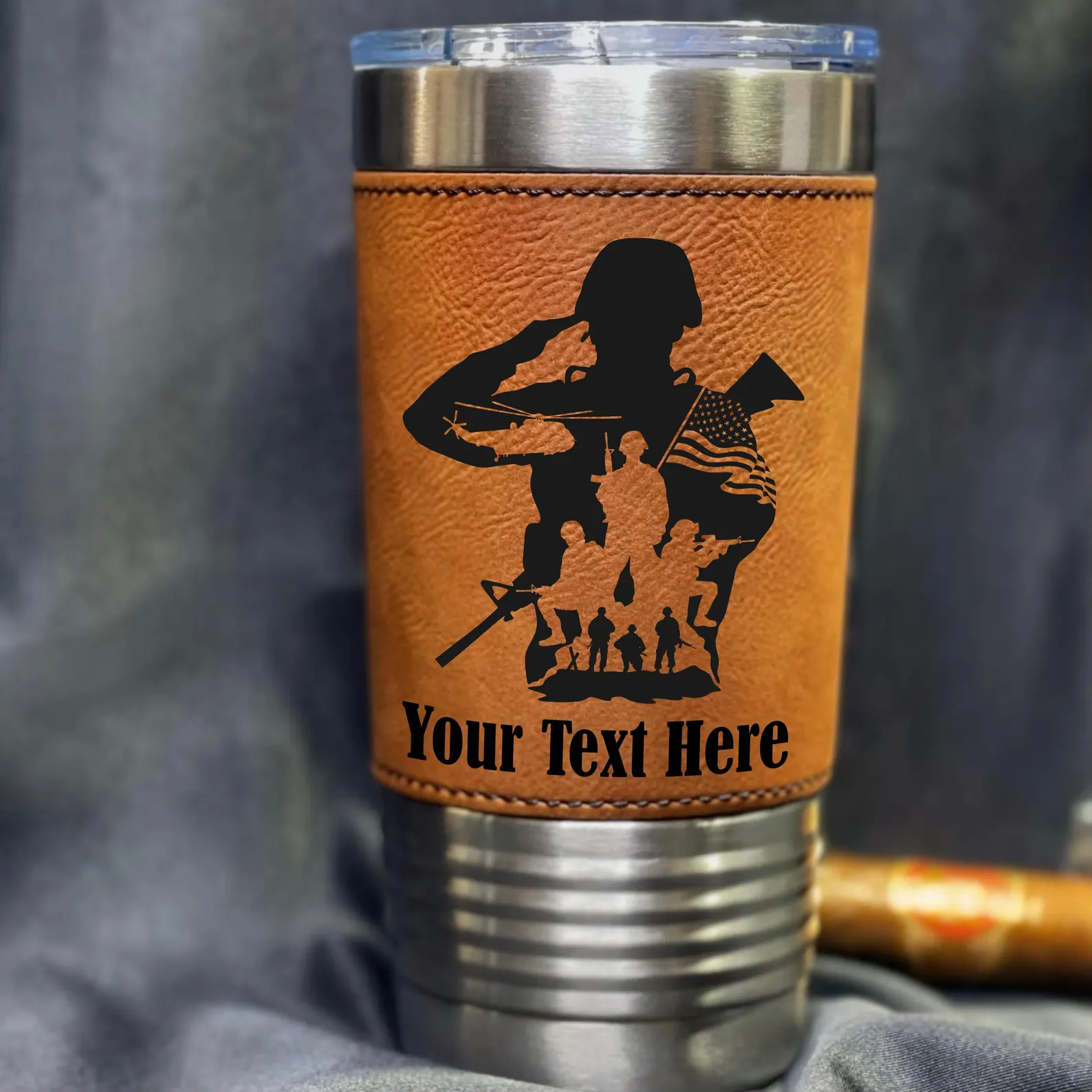 Custom Engraved Leather Tumbler – Personalized Military Gift for Veteran, Army, Soldier -20oz Engraved Saluting Hero Cup – Veterans Day