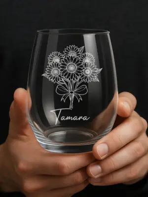 Custom Sunflower Bouquet Engraved Wine Glass–Elegant Floral Personalized Gift for Her, Mom, Wife, Birthday, Mother’s Day, Flower Design