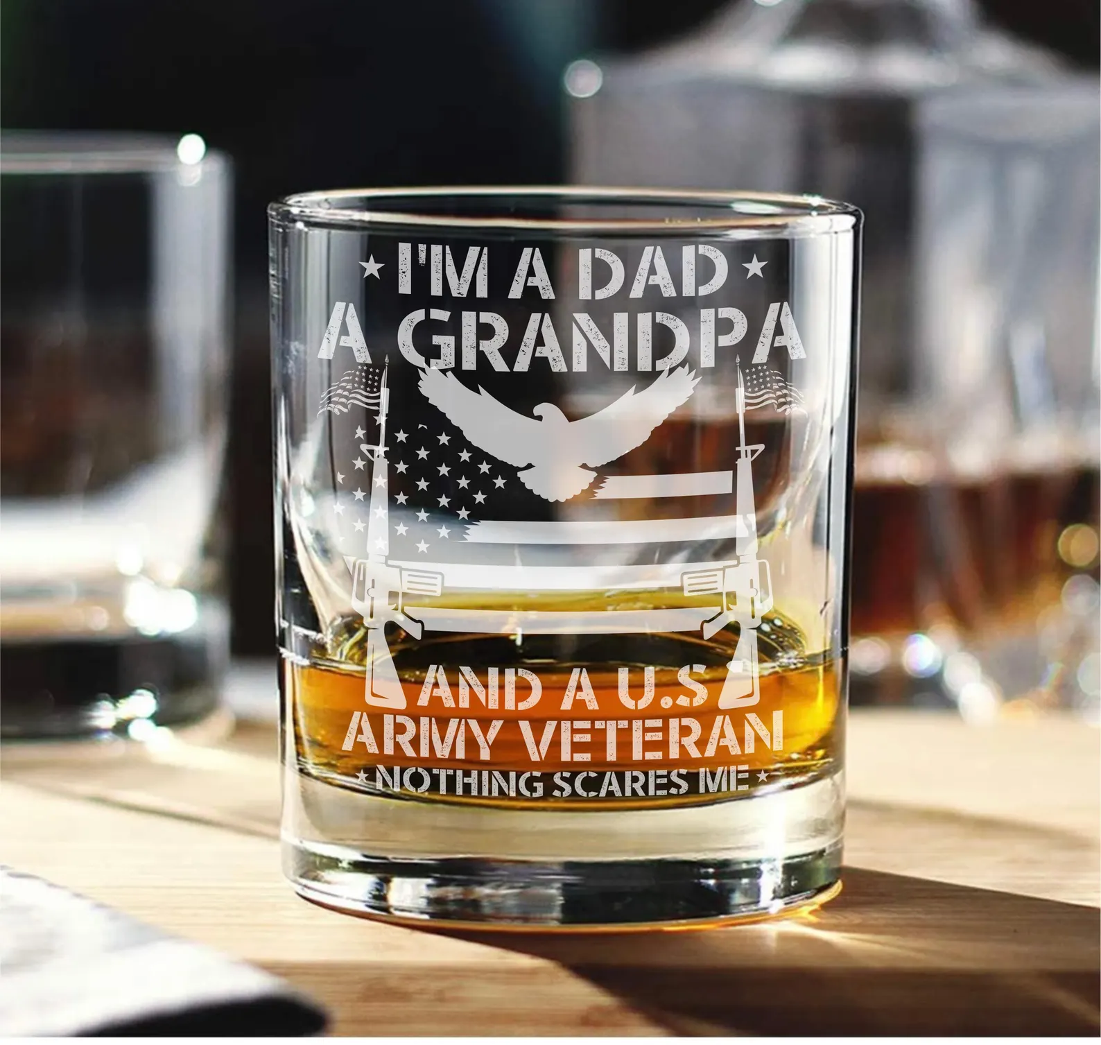 Custom Veteran Engraved Whiskey, Wine, or Beer Glass – Personalized Army Gift for Dad, Retirement, Grandpa, Father’s Day Gift V1