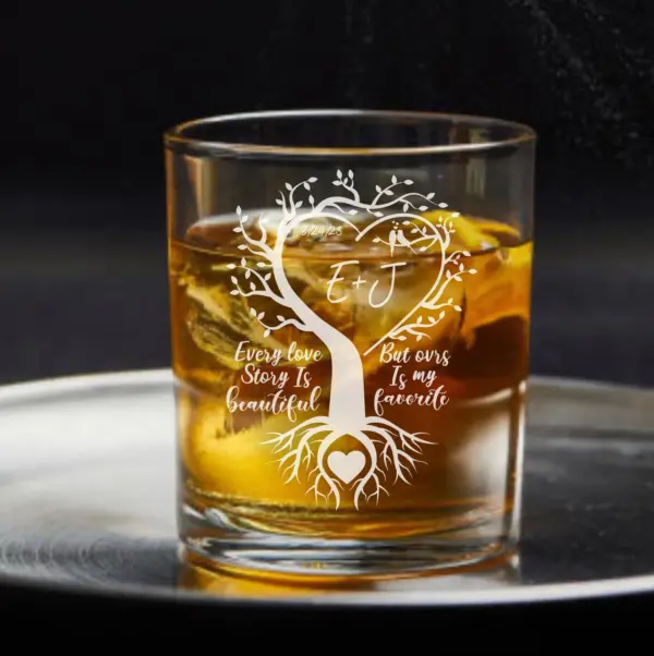 Custom Engraved Whiskey Glass On Side Or Bottom with Love Tree Design | Personalize with Initials and Date Gift for Couples & Anniversaries - Image 2