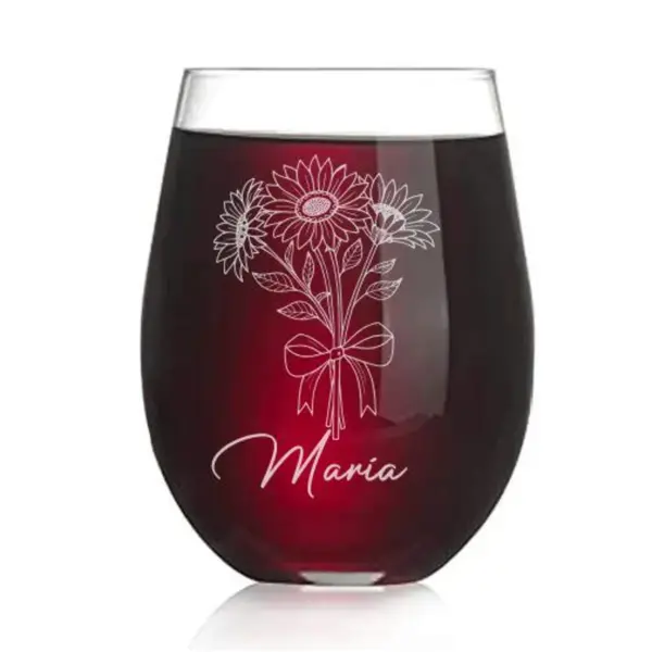 Custom Sunflower Bouquet Engraved Wine Glass–Elegant Floral Personalized Gift for Her, Mom, Wife, Birthday, Mother’s Day, Flower Design - Image 2