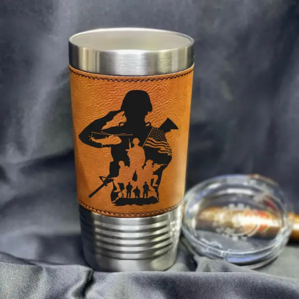 Custom Engraved Leather Tumbler - Personalized Military Gift for Veteran, Army, Soldier -20oz Engraved Saluting Hero Cup - Veterans Day - Image 2