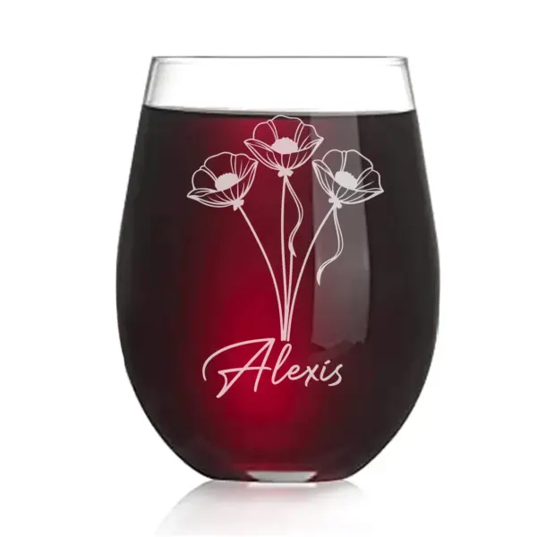 Custom Poppy Flower Bouquet Engraved Wine Glass–Elegant Floral Personalized Gift for Her, Mom, Wife, Birthday, Mother’s Day, Custom Design - Image 2