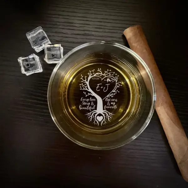 Custom Engraved Whiskey Glass On Side Or Bottom with Love Tree Design | Personalize with Initials and Date Gift for Couples & Anniversaries - Image 3