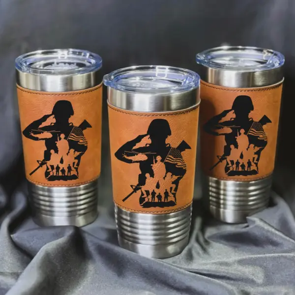 Custom Engraved Leather Tumbler - Personalized Military Gift for Veteran, Army, Soldier -20oz Engraved Saluting Hero Cup - Veterans Day - Image 3