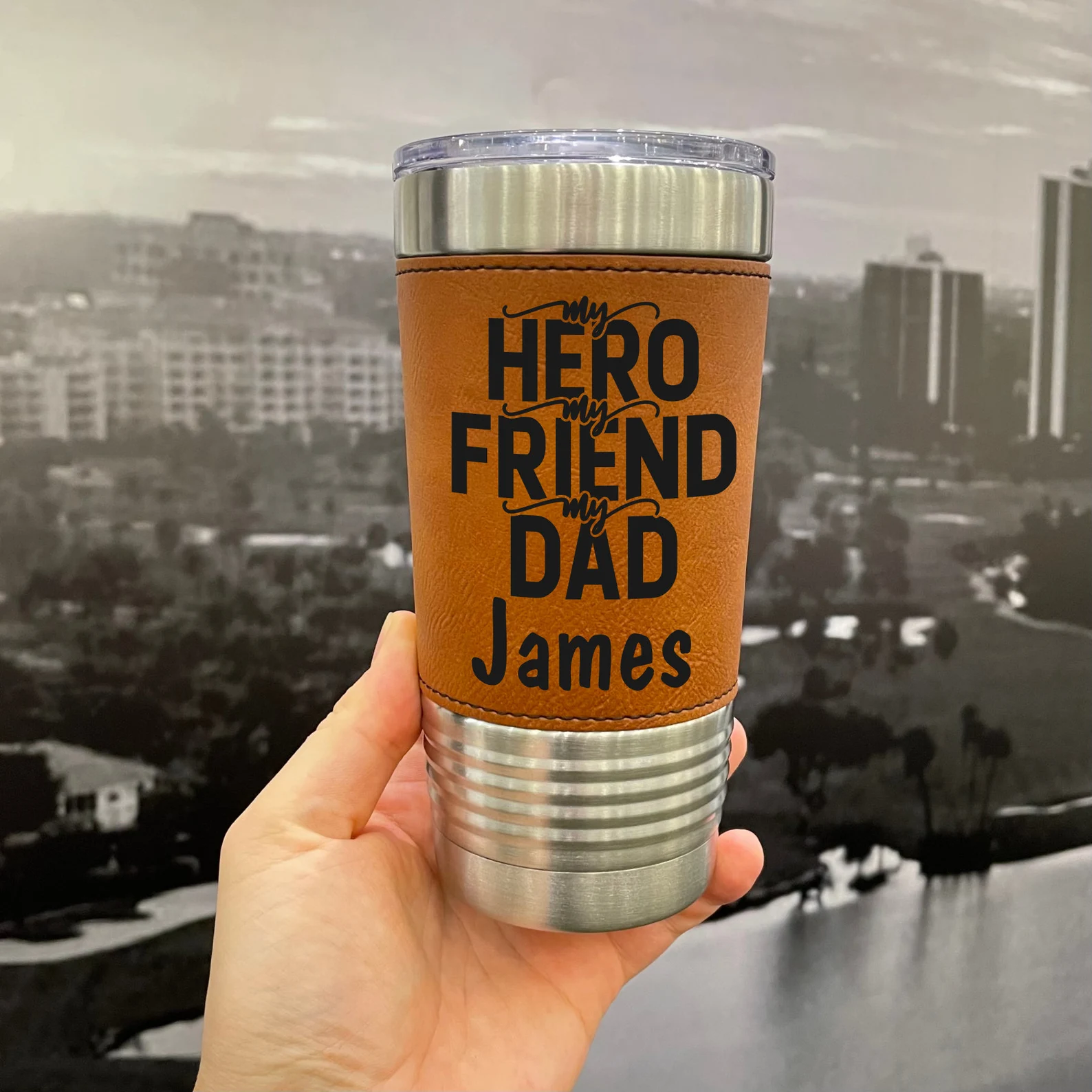 Father’s Day Leather Tumbler – Custom Engraved 20 oz Gift for Dad – Personalized Travel Cup, Sippy Cup, Gift for Him or Daddy