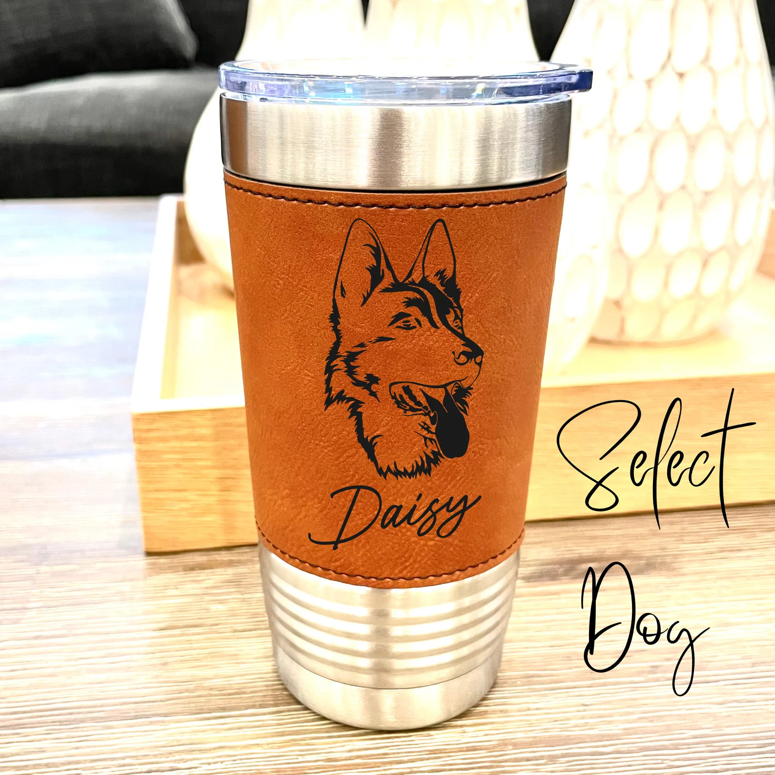Personalized 20oz Leather Tumbler with Custom Dog Engraving, Dog Mom/Dad Gift, Pet Memorial, Engraved Pet Lover Gift, Custom Dog Keepsake