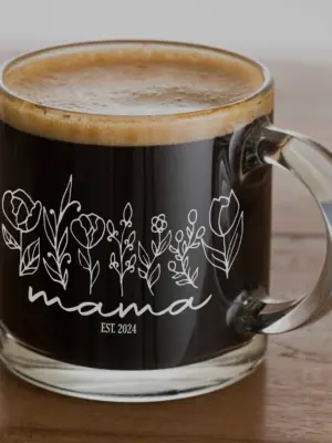 Mama Gift Mother's Day Floral Coffee Cup Engraved Gift for New Mom Glass for Her Custom Mother's Day Gift Welcome to Motherhood Engraved Cup