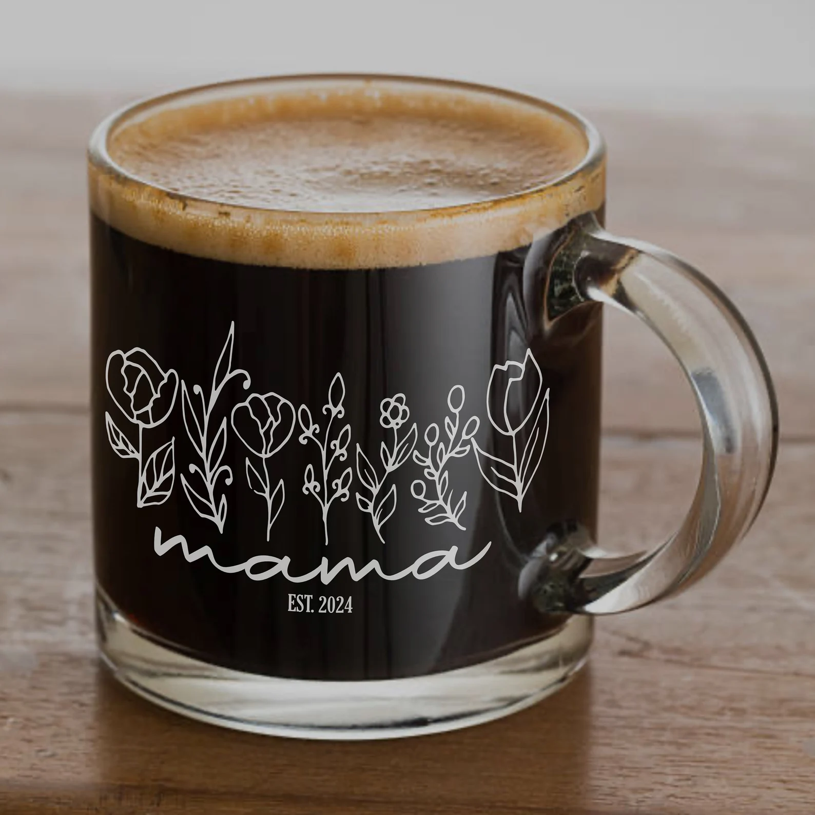 Mama Gift Mother’s Day Floral Coffee Cup Engraved Gift for New Mom Glass for Her Custom Mother’s Day Gift Welcome to Motherhood Engraved Cup