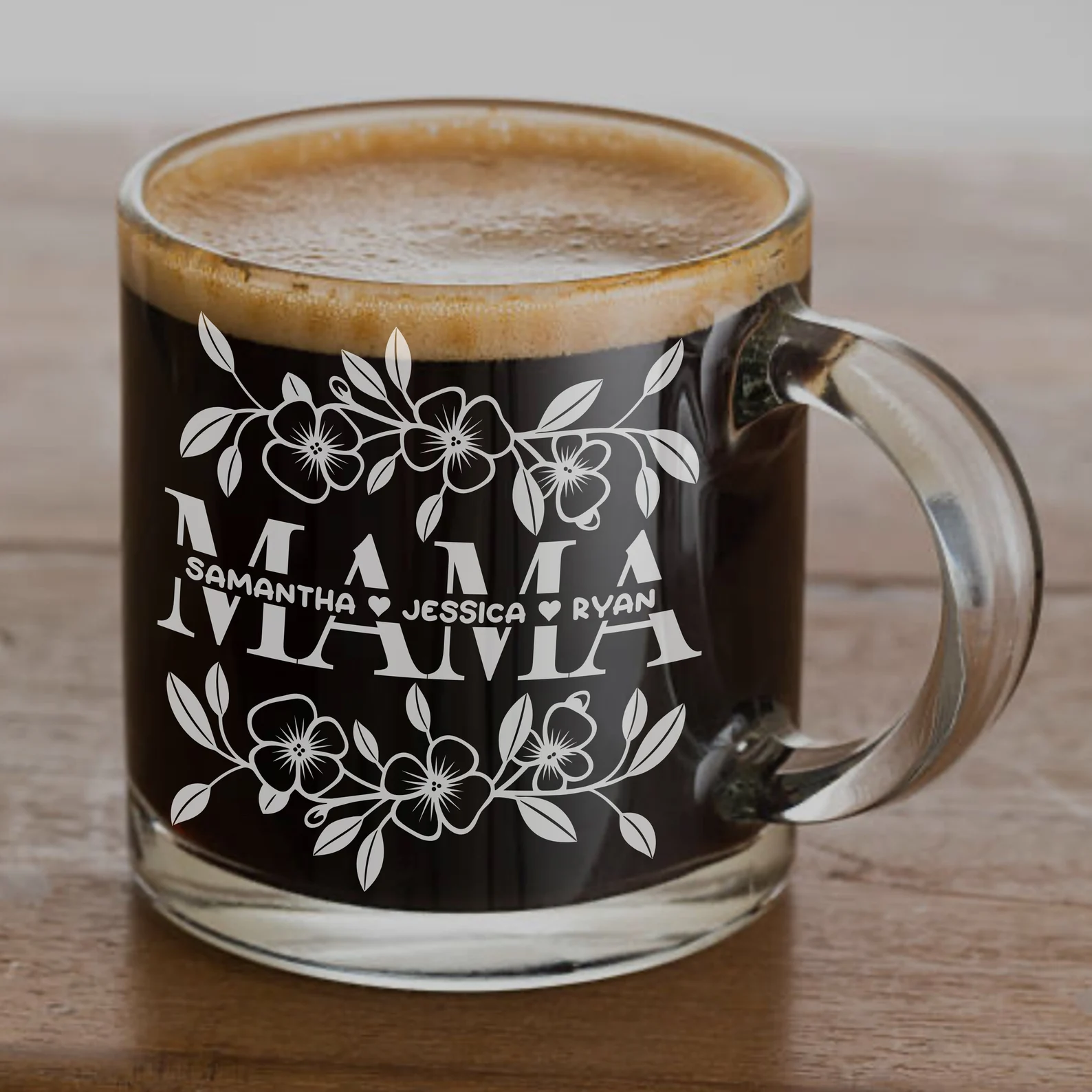 Mama Gift for Mother’s Day Floral Coffee Cup Engraved Gift for Mom Personalized Glass for Her Custom Mother’s Day Gift Family Engraved Cup