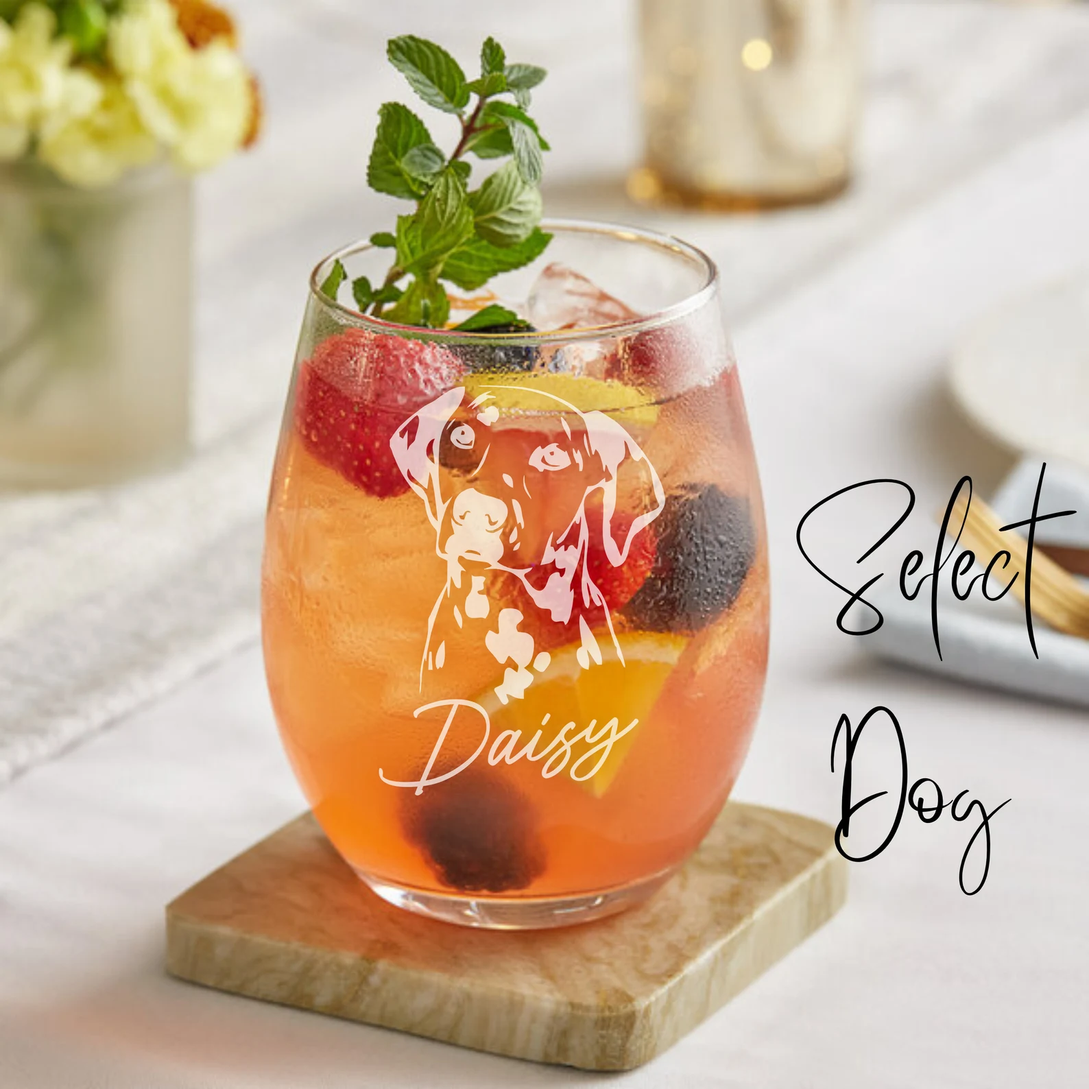 Custom Dog Engraved Stemless Wine Glass – Personalized Pet Lover Gift, Dog Mom Gift, Dog Dad Gift, Dog Memorial Gift, Custom Wine Glass