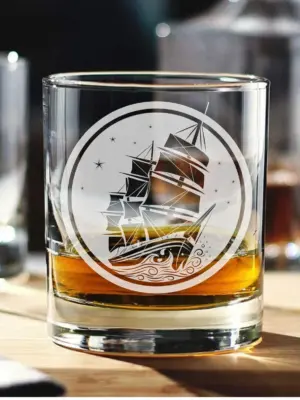 Nautical Ship Engraved Whiskey Wine Beer Glass | Personalized Pirate Captain Gift | Sailor Marine Decor | Custom Old Schooner Gift