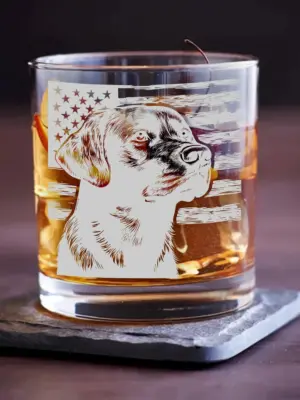 Personalized Labrador Dog Etched Glass – Patriotic Dog Whiskey, Stemless Wine, or Beer Pint Glass – Custom Lab Gift. Gift for Dog Lovers