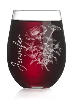 Custom Engraved Zinnia Flower Wine Glass | Personalized Stemless Wine Glass for Her Mother’s Day,Valentine’s Day Gift,Floral Glass for Women