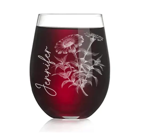 Custom Engraved Zinnia Flower Wine Glass | Personalized Stemless Wine Glass for Her Mother’s Day,Valentine’s Day Gift,Floral Glass for Women