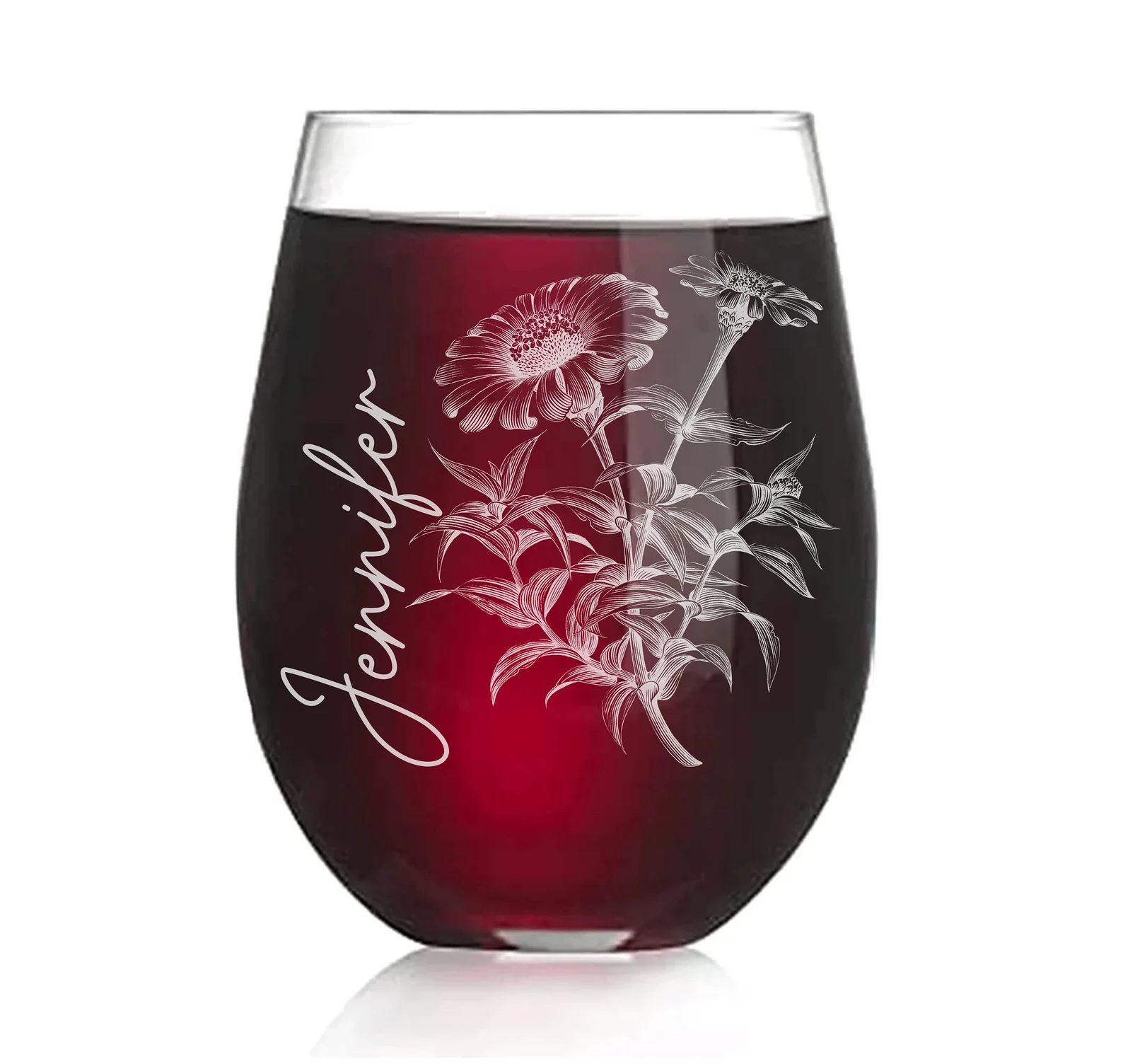 Custom Engraved Zinnia Flower Wine Glass | Personalized Stemless Wine Glass for Her Mother’s Day,Valentine’s Day Gift,Floral Glass for Women
