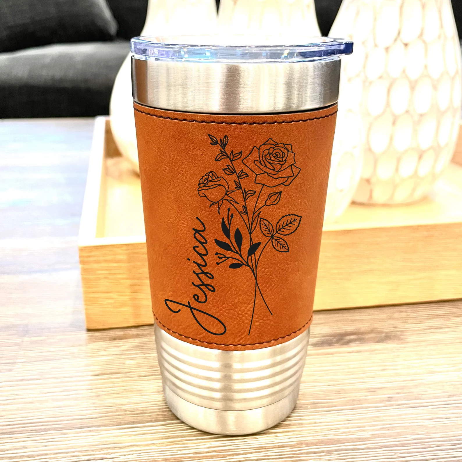 Personalized Engraved Birth Flower Leather Tumbler – Custom Mother’s Day, Bridesmaid Proposal Birthday or Valentine’s Day Gift 20 oz Tumbler