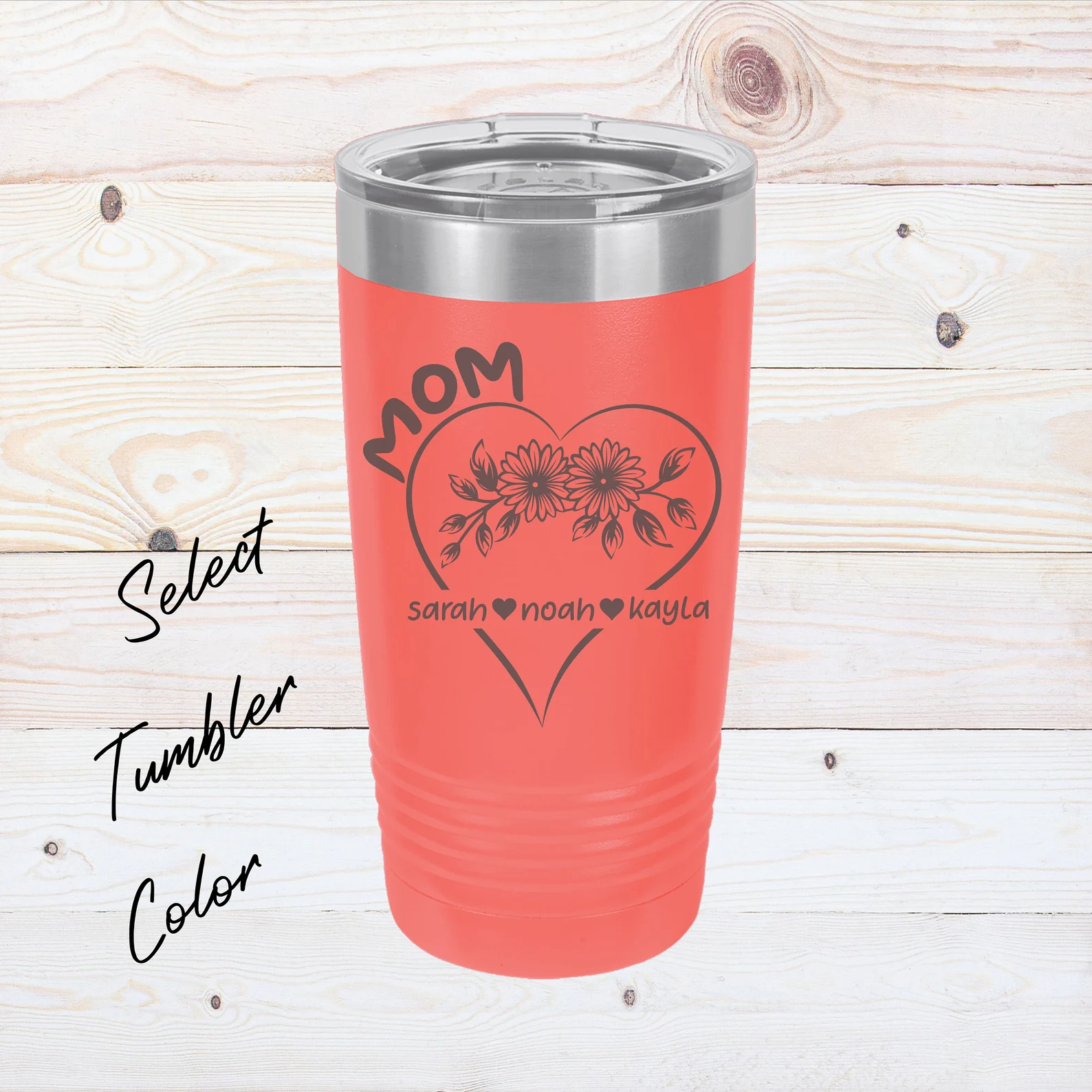 Mother’s Day Gift Engraved 20 oz Tumbler Heart Flower Gift for Mom Custom Flower Tumbler Personalized with Names Gift for Mother from Family