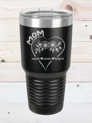 Mother's Day Gift Engraved 30 oz Tumbler Heart Flower Gift for Mom Custom Flower Tumbler Personalized with Names Gift for Mother