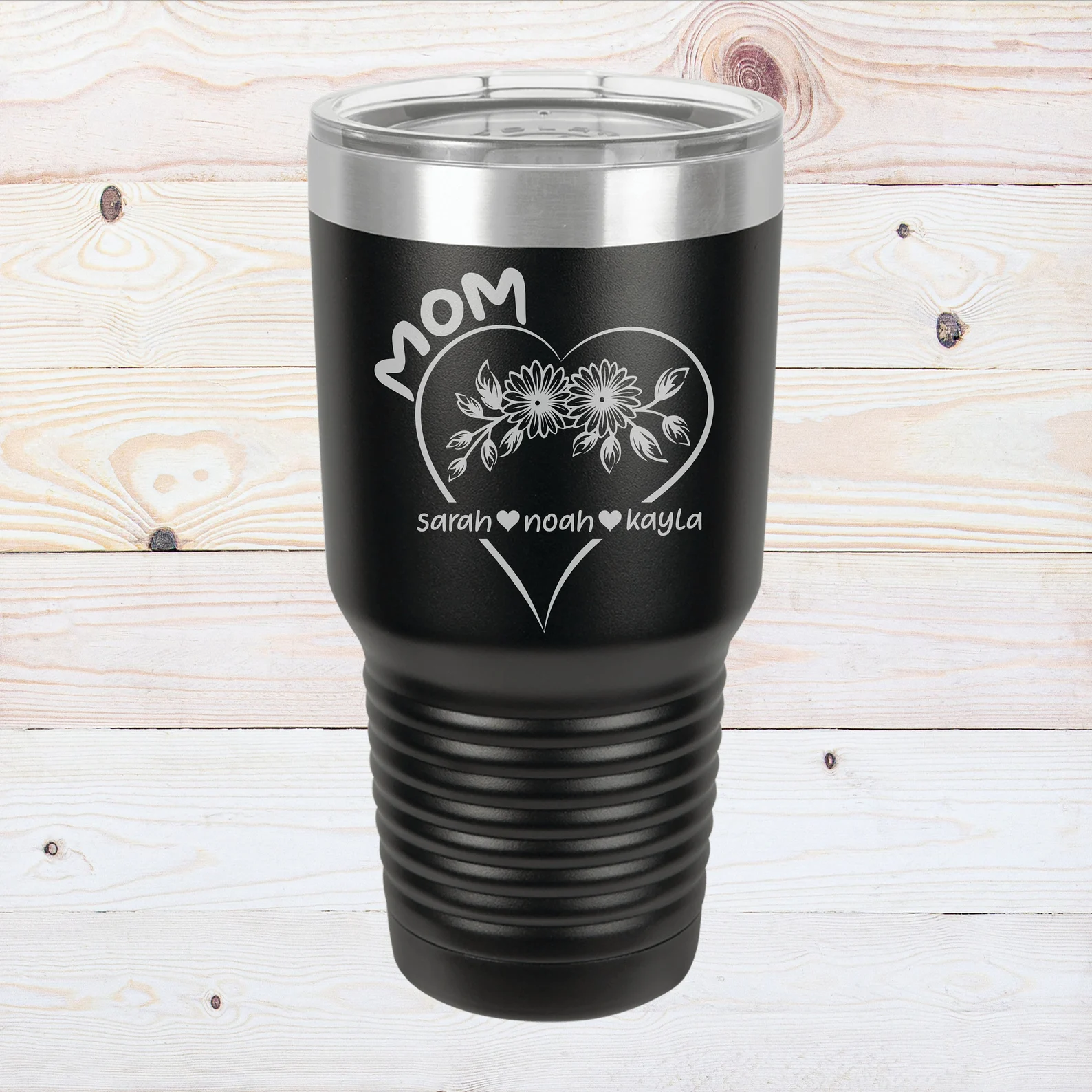 Mother’s Day Gift Engraved 30 oz Tumbler Heart Flower Gift for Mom Custom Flower Tumbler Personalized with Names Gift for Mother