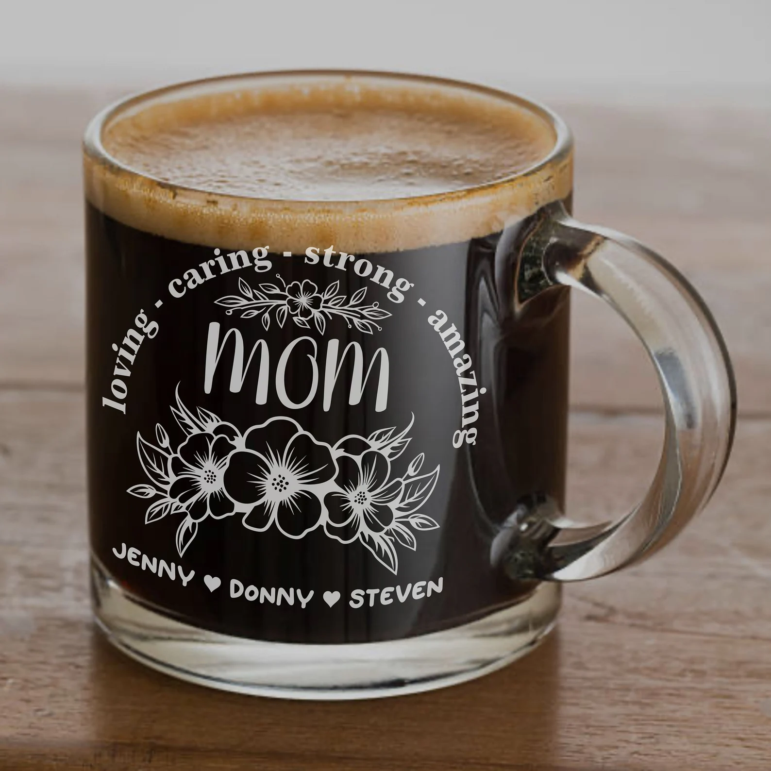Personalized Mother’s Day Floral Coffee Cup – Custom Engraved Glass Mug for Mom, Unique Gift for Her Floral Design, Custom Mother’s Day Gift