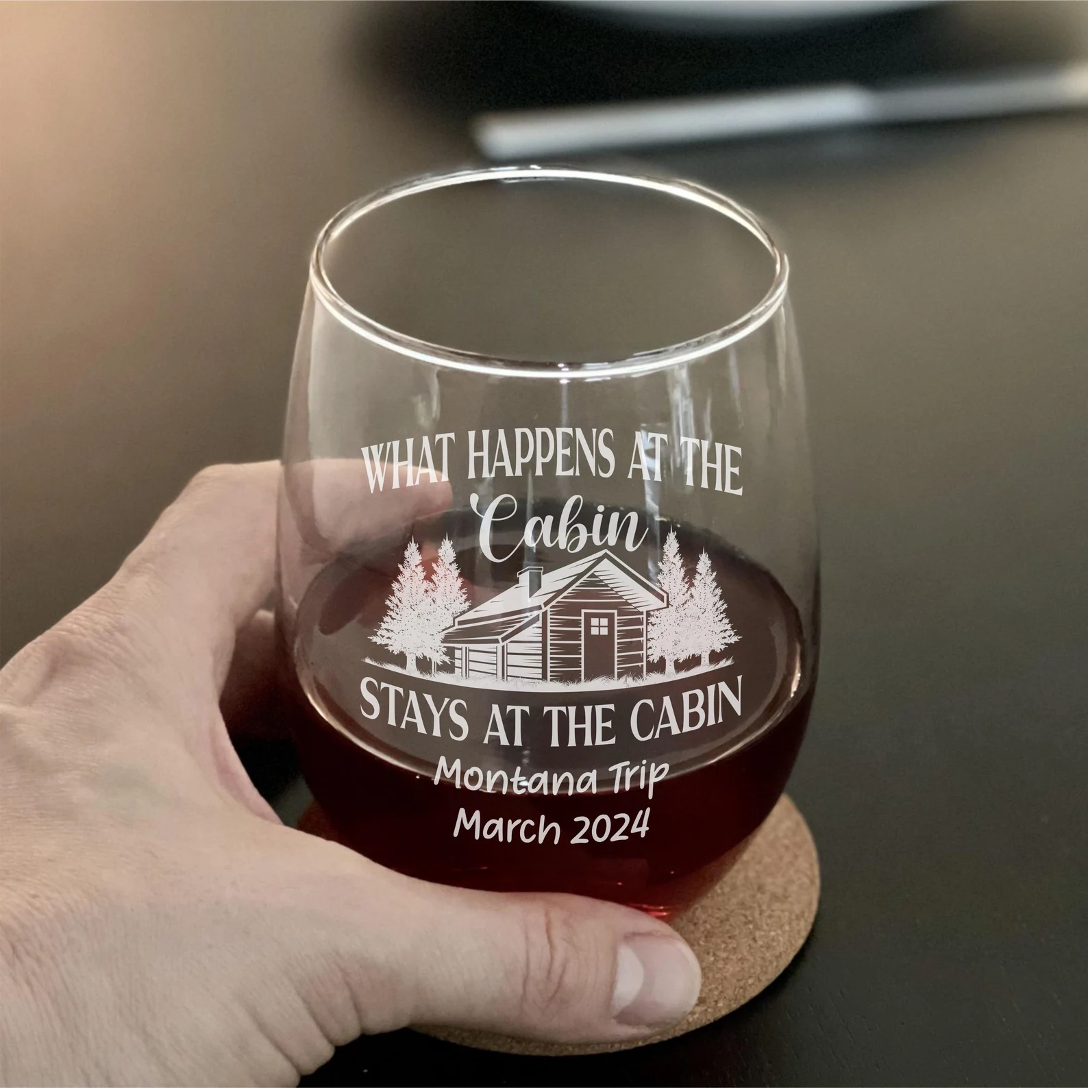 Custom Cabin Design Personalized ENGRAVED on Glassware Add Message Vacation Whiskey Rocks Stemless Wine Glass Adventure Out of Town Trip