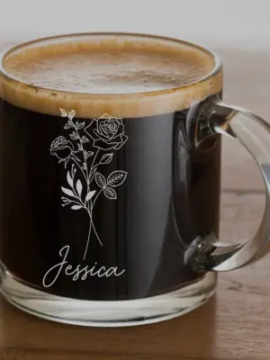 Personalized Birth Flower Coffee Cup Engraved Mother's Day Gift Bridesmaid Proposal Custom Gift for Mom Floral Personalized Glass for Her