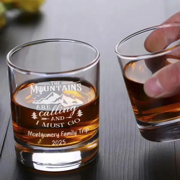 Personalized Adventure Engraved Glass Custom Whiskey Wine or Beer Glass | Perfect Gift for Explorers Travelers Cabin Getaways Mountain Trips