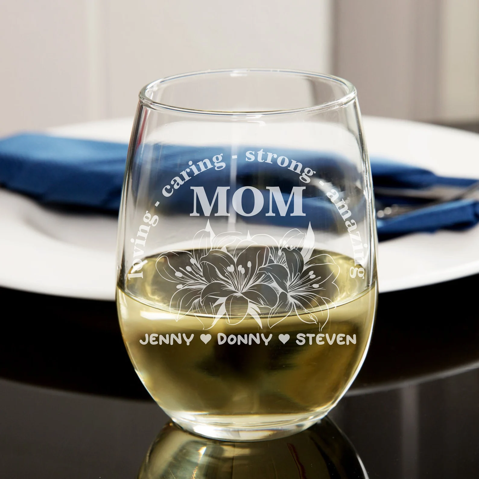 Mother’s Day Gift Engraved Floral Wine Glass Valentines Custom Flower Glass for Her Stemless Wine Glass Flower Personalized Gift for Mom