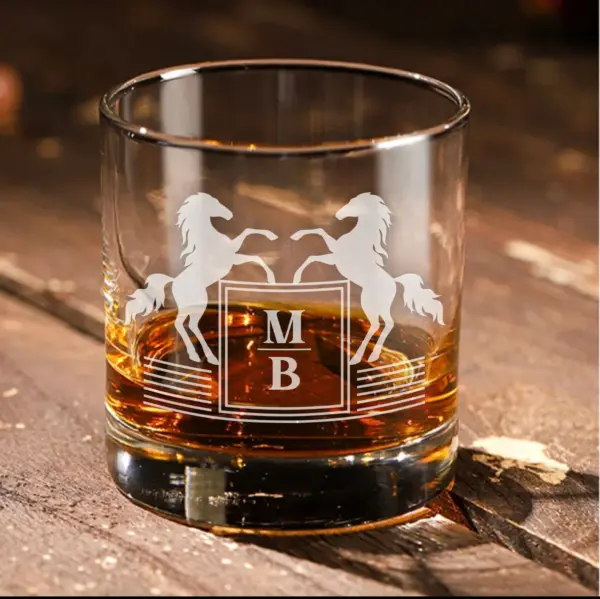 Custom Horse Design Initials Engraved Whiskey Glass Bottom or Side Engraving Monogram Personalized Engraved Gift for Him Glass Gift for Dad