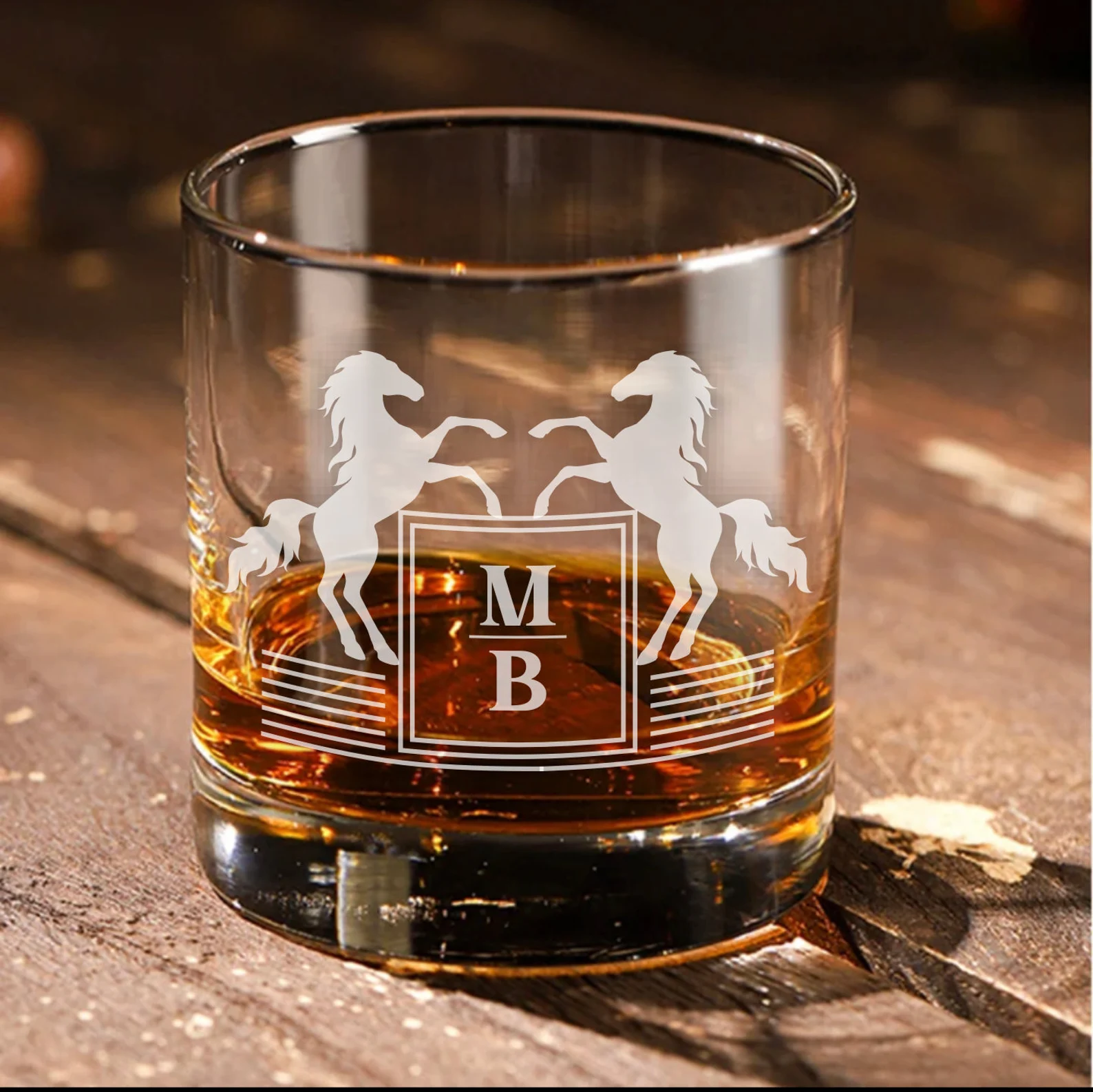 Custom Horse Design Initials Engraved Whiskey Glass Bottom or Side Engraving Monogram Personalized Engraved Gift for Him Glass Gift for Dad
