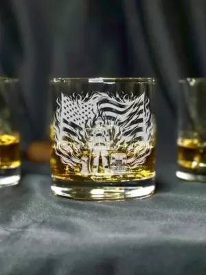 Personalized Engraved Firefighter with American Flag Design Glass Custom Whiskey, Wine, Beer Glass, Gift for Firefighter Dad, Father's Day