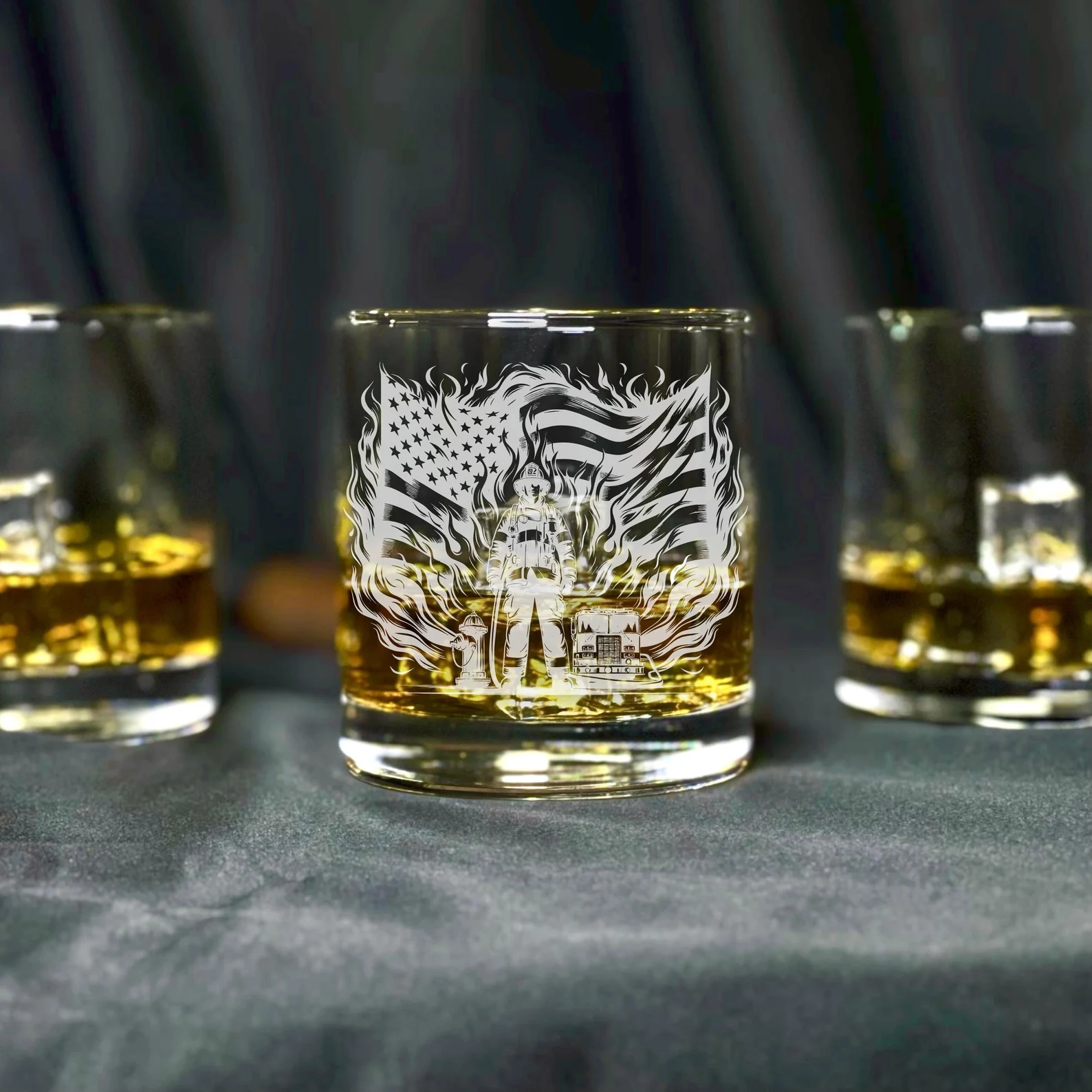 Personalized Engraved Firefighter with American Flag Design Glass Custom Whiskey, Wine, Beer Glass, Gift for Firefighter Dad, Father’s Day