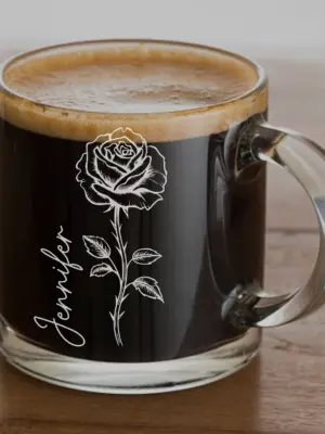 Personalized Rose Glass Coffee Mug – Engraved Gift for Her, Mother’s Day, Valentine’s Day, Flower Lover Cup, Teacher Appreciation Gift