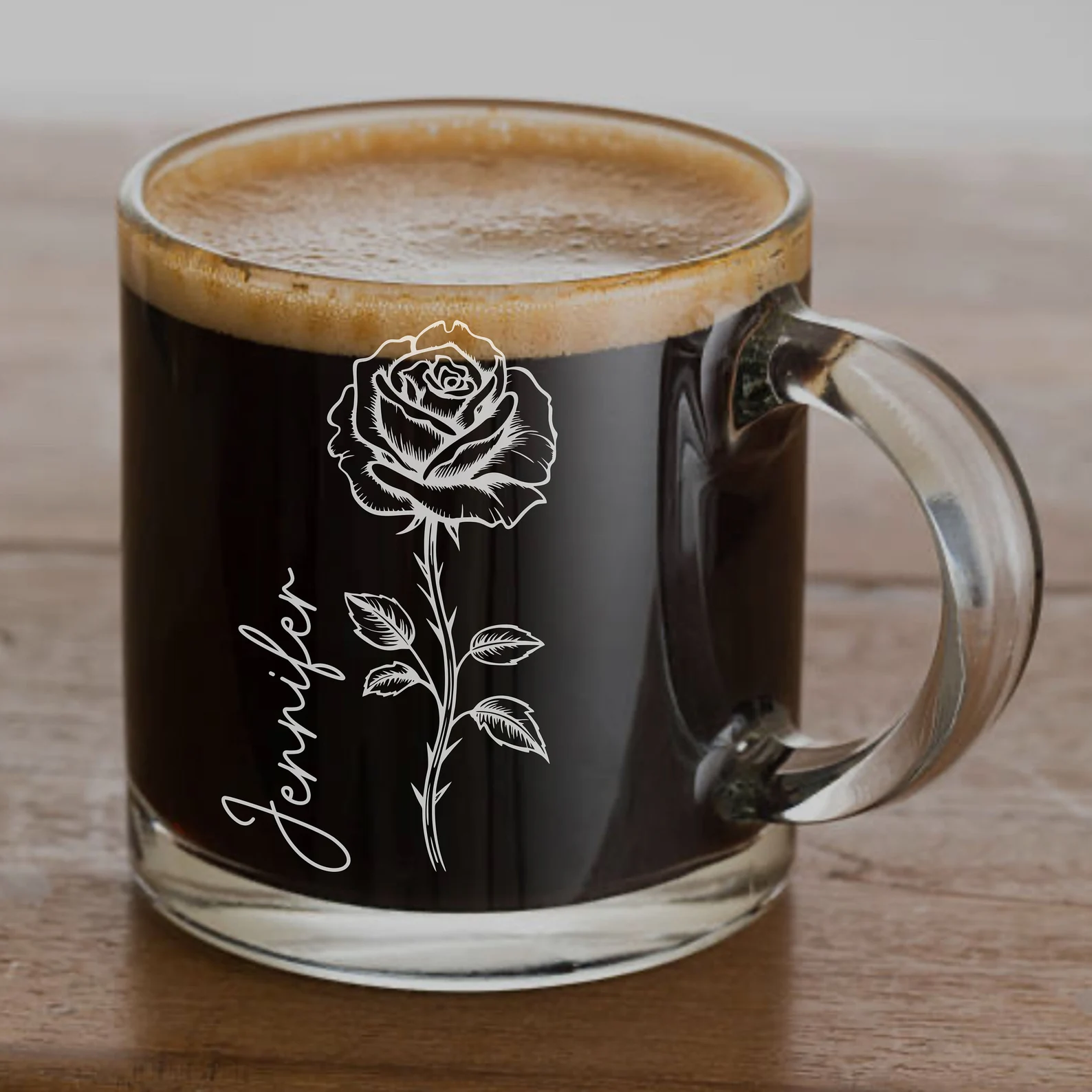 Personalized Rose Glass Coffee Mug – Engraved Gift for Her, Mother’s Day, Valentine’s Day, Flower Lover Cup, Teacher Appreciation Gift