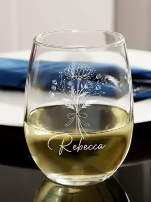 Personalized Engraved Chrysanthemum Stemless Wine Glass-Stylish Floral Etched Gift for Her, Mom, Wife, Birthday, Mother’s Day, Custom Design