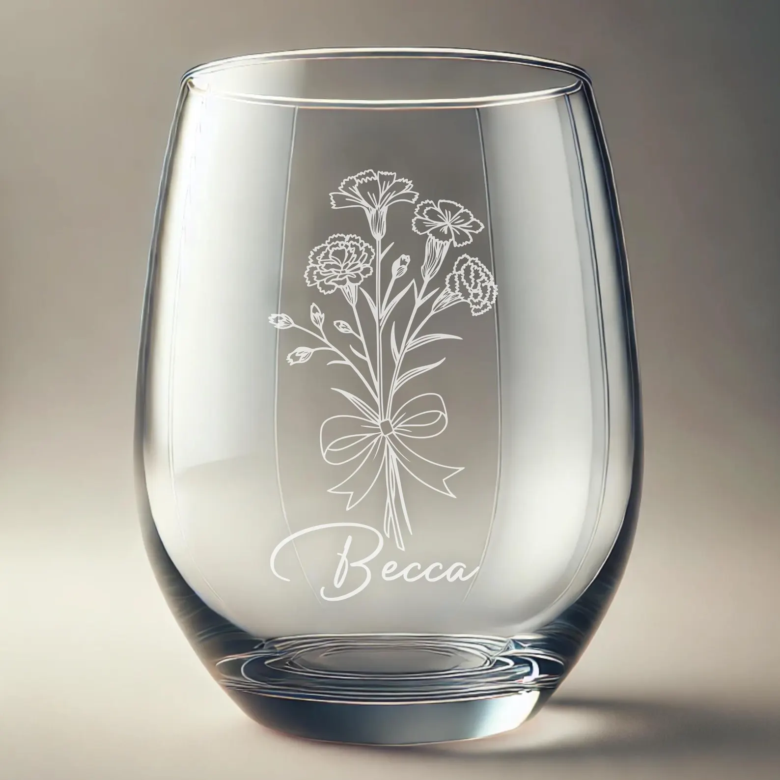 Personalized Engraved Carnation Stemless Wine Glass – Elegant Floral Etched Gift for Her, Mom, Wife, Birthday, Mother’s Day, Custom Bouquet