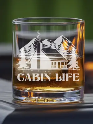 Personalized Cabin Life Engraved Glass Custom Gift for Cabin Vacations & Getaways Family Retreat Winter Adventure Whiskey Wine or Beer Glass