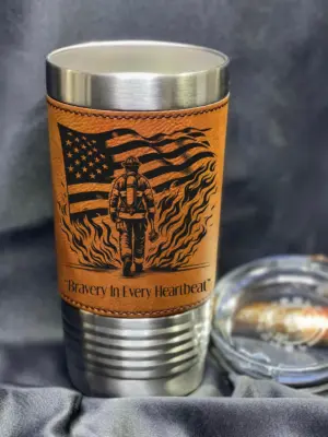 Personalized Engraved Brave Firefighter Design Leather 20oz Tumbler. Gift for Firefighter, Best Dad, Grandpa Fathers day
