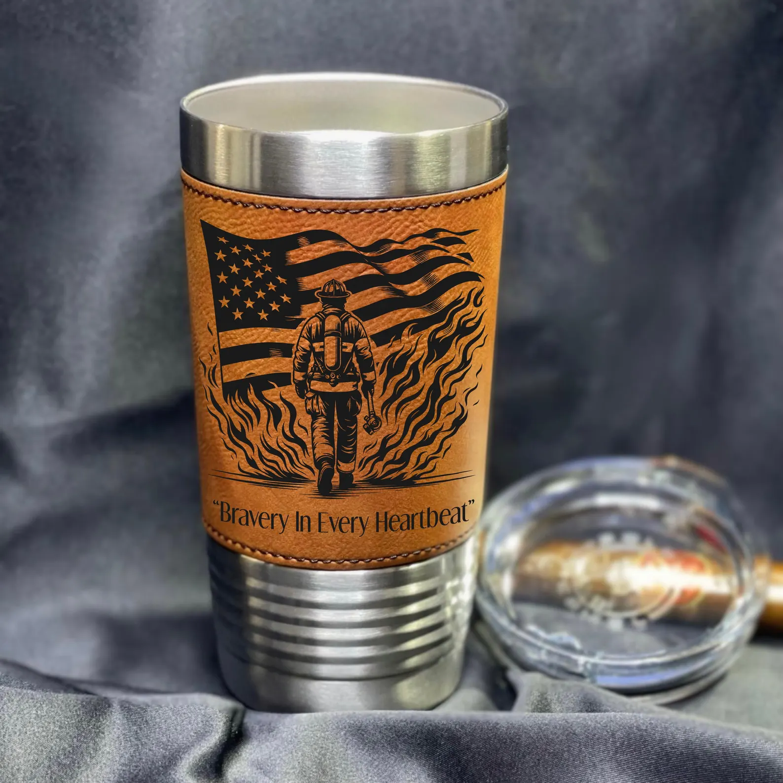 Personalized Engraved Brave Firefighter Design Leather 20oz Tumbler. Gift for Firefighter, Best Dad, Grandpa Fathers day