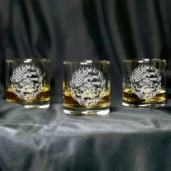 Engraved Personalized Firefighter with American Flag Design Glass Custom Whiskey, Wine, Beer Glass, Gift for Firefighter Dad, Father's Day
