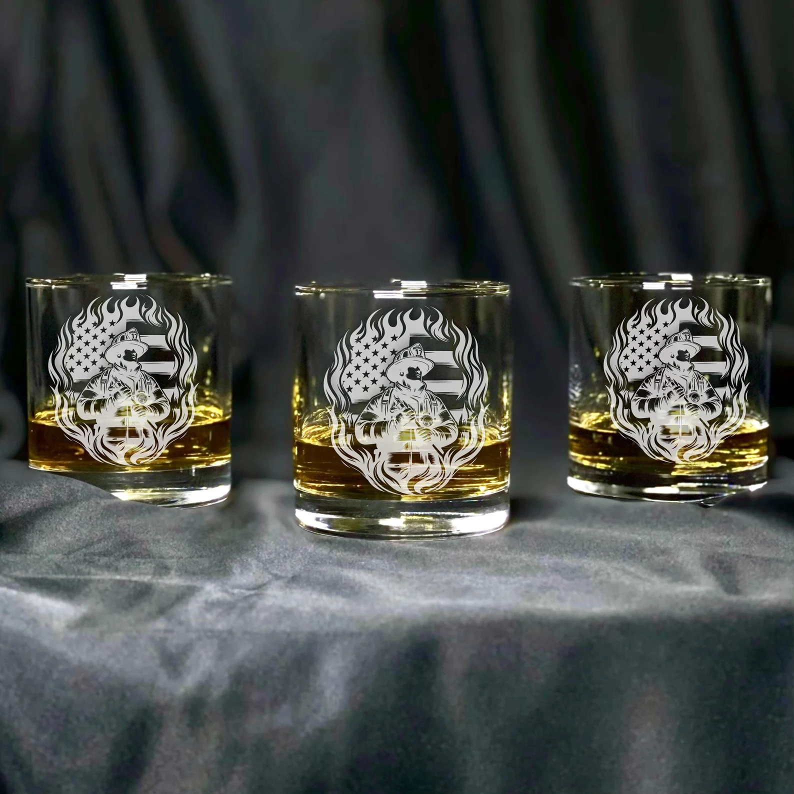 Engraved Personalized Firefighter with American Flag Design Glass Custom Whiskey, Wine, Beer Glass, Gift for Firefighter Dad, Father’s Day