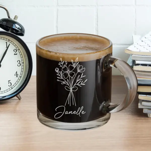 Personalized Engraved Flower Bouquet Coffee Mug –Custom Floral Glass Cup, Mother’s Day Gift, Bridesmaid Proposal, Unique Gift for Mom or Her