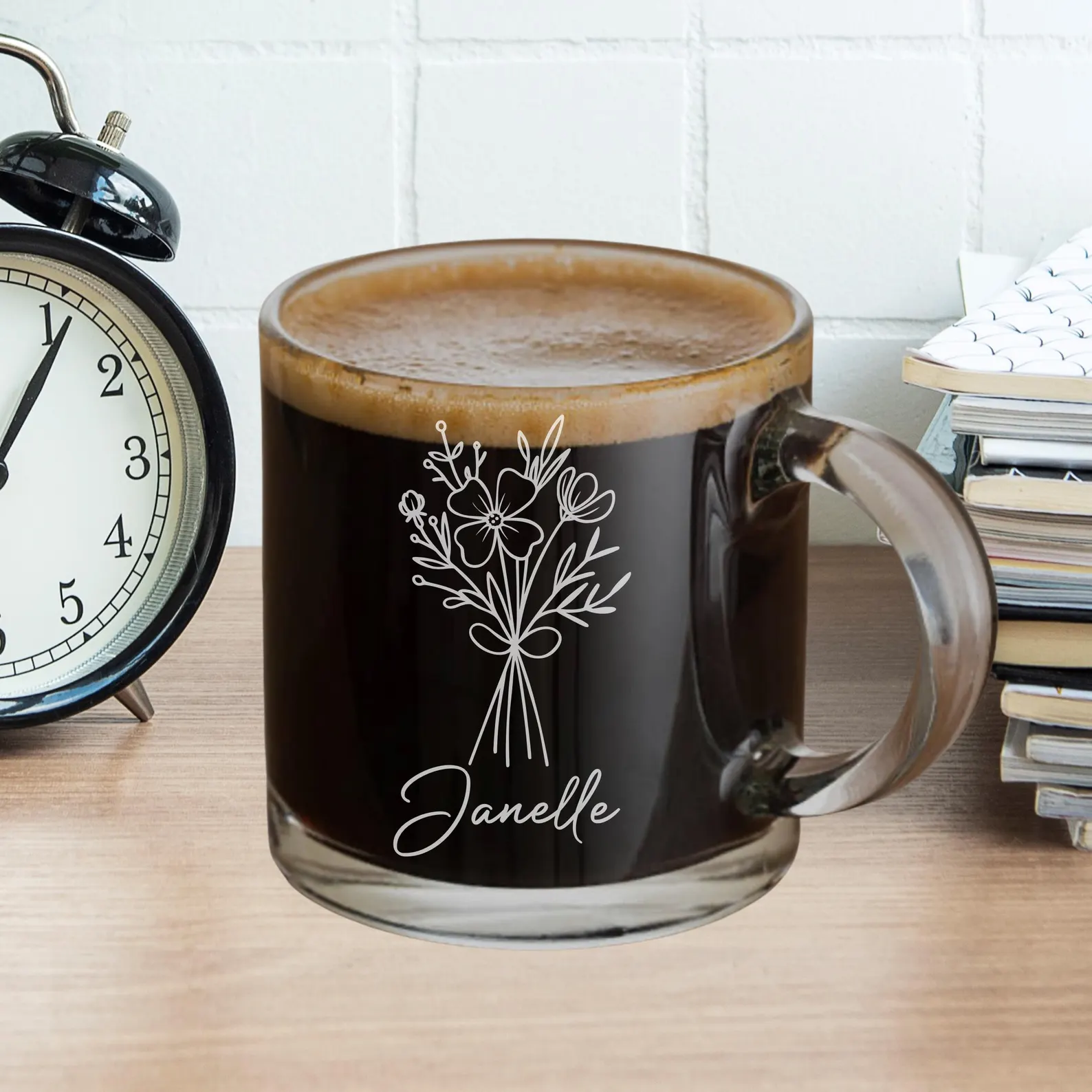 Personalized Engraved Flower Bouquet Coffee Mug –Custom Floral Glass Cup, Mother’s Day Gift, Bridesmaid Proposal, Unique Gift for Mom or Her