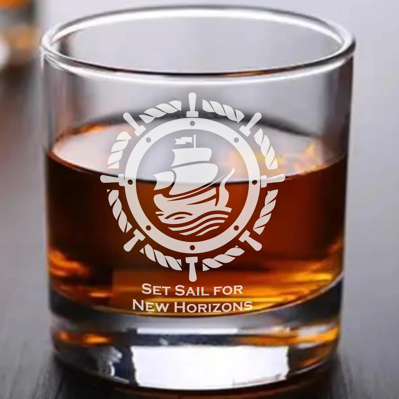 Personalized Engraved Whiskey, Wine, Beer Glass – Nautical Sailor Gift w/ Custom Ship’s Wheel Design – Marine, Coastal Barware, Boat Captain